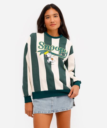 blusão feminino de moletom felpado snoopy listrado verde PP
