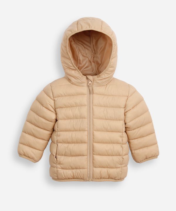 jaqueta puffer infantil com capuz bege 3-6