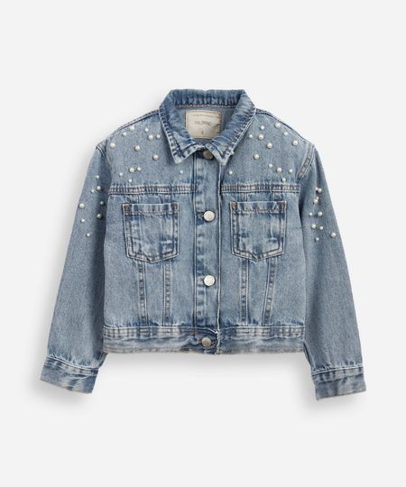 jaqueta jeans infantil com pérolas azul 6