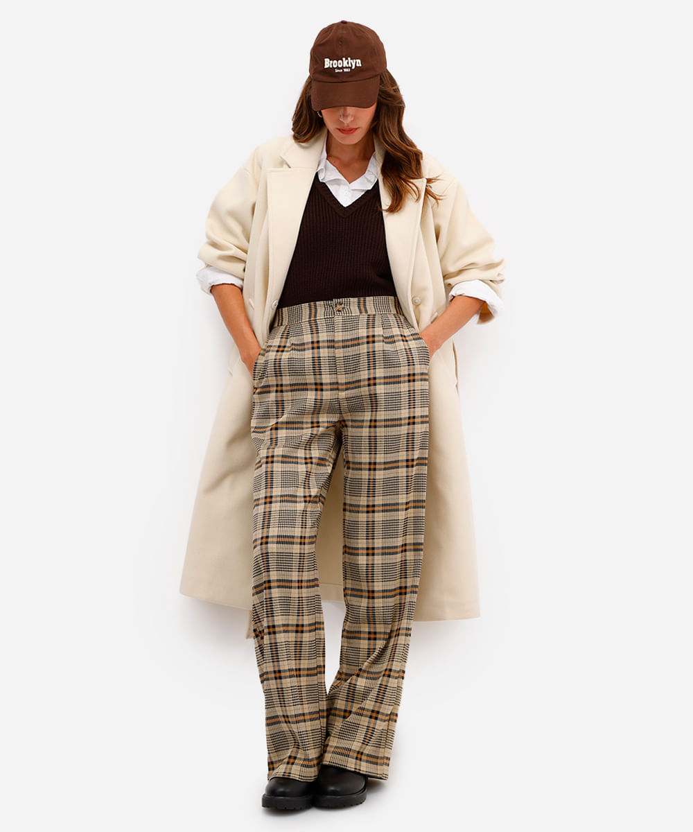 calça wide leg feminina xadrez cós elástico marrom