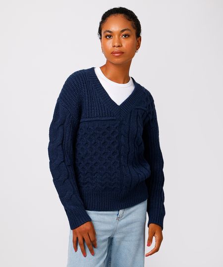 suéter feminino de tricot decote v texturizado mindset azul PP suéter feminino de tricot decote v texturizado mindset azul PP