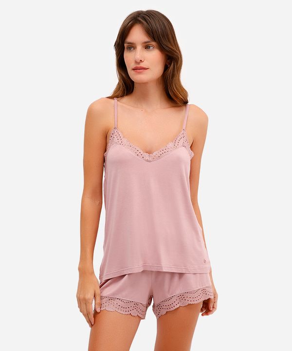 pijama short doll feminino de viscose com renda rosa PP