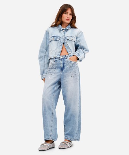 calça baggy feminina jeans com brilhos azul 38