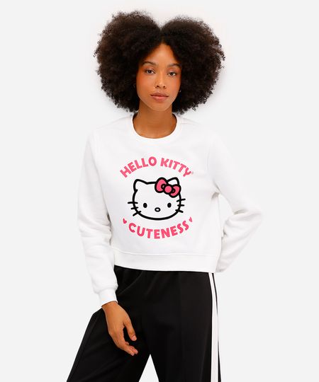 blusão cropped feminino de moletom felpado hello kitty off white GG