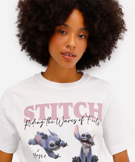 camiseta feminina de algodão manga curta stitch off white P camiseta feminina de algodão manga curta stitch off white P