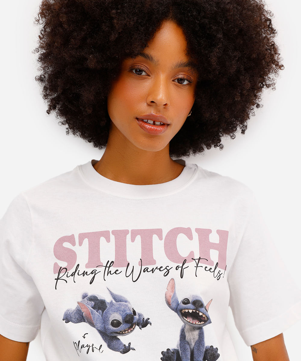 camiseta feminina de algodão manga curta stitch off white