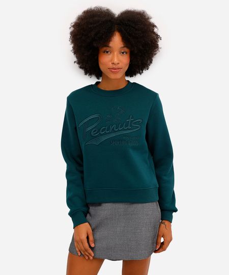 blusão feminino de moletom felpado com bordado snoopy verde GG