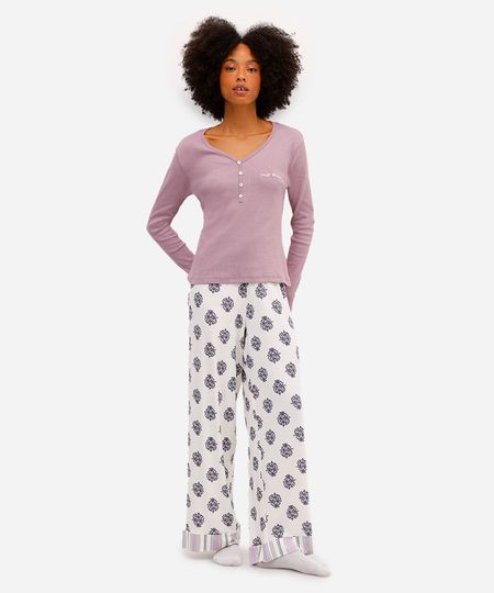 pijama longo feminino floral off white M