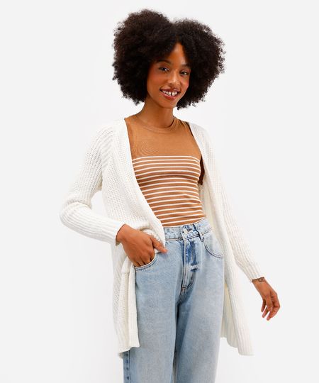 cardigan feminino de tricot chenille alongado - off white P