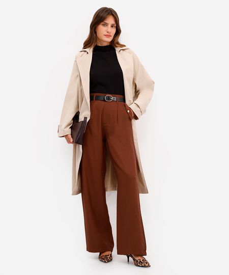 calça wide leg feminina com viscose marrom 38