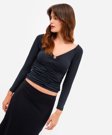 blusa feminina manga longa decote v franzida preta PP blusa feminina manga longa decote v franzida preta PP
