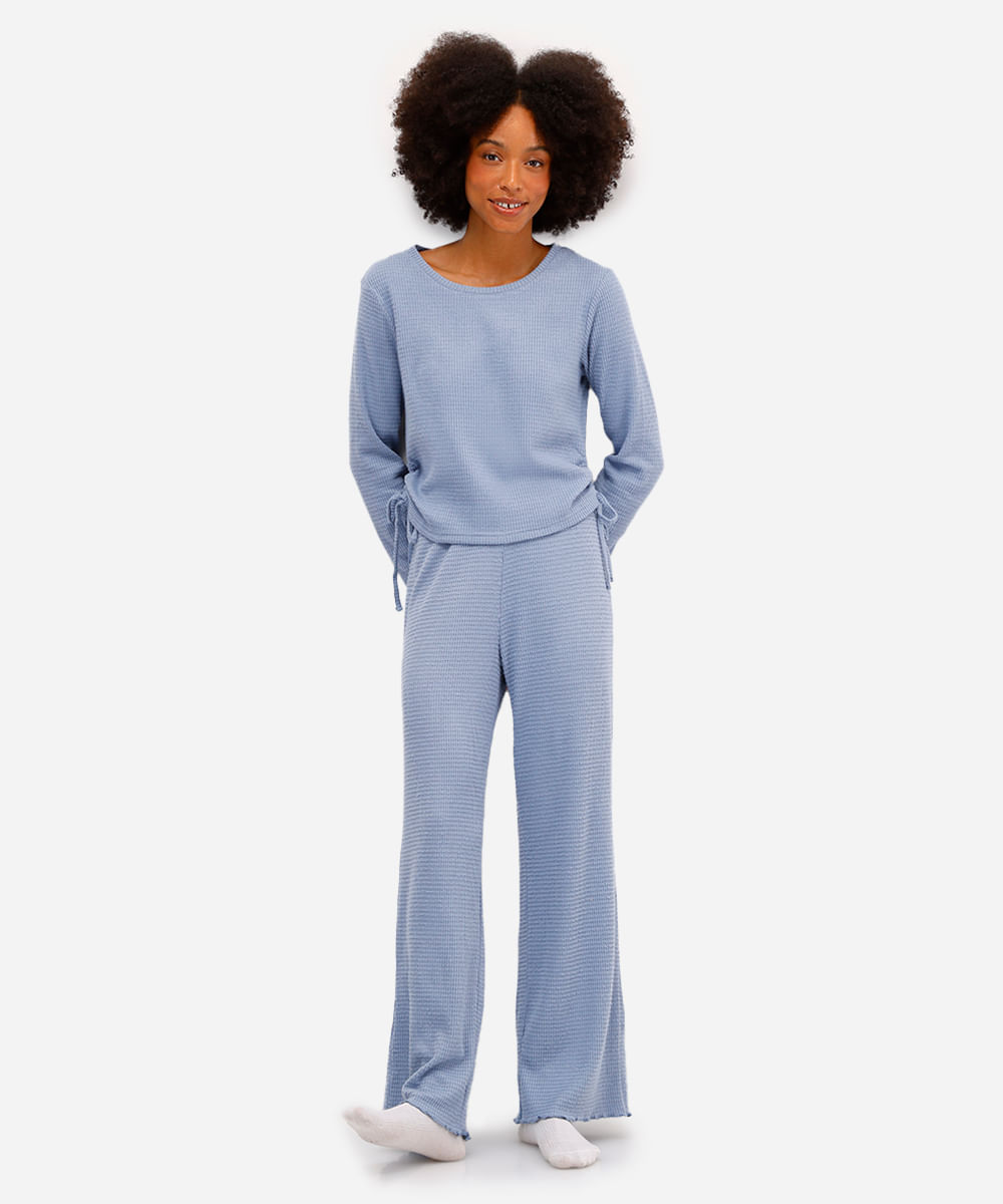 pijama longo feminino texturizado azul