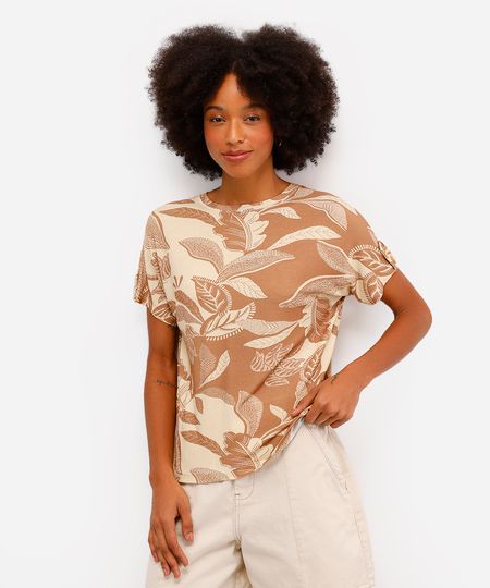 blusa feminina de viscose manga curta folhagem bege PP blusa feminina de viscose manga curta folhagem bege PP