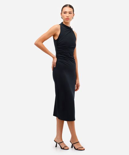 vestido midi feminino franzido com fenda preto GG