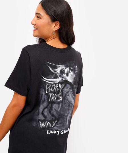 camiseta unissex de algodão lady gaga com brilhos preta M