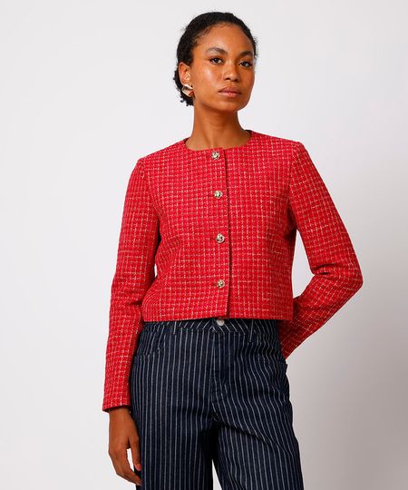 casaco feminino de tweed xadrez mindset vermelho PP casaco feminino de tweed xadrez mindset vermelho PP