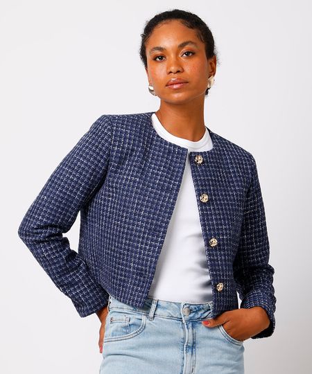 casaco feminino de tweed xadrez mindset azul PP