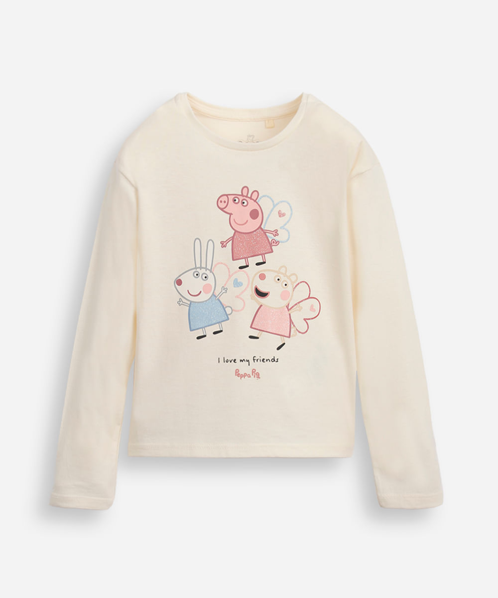 blusa de algodão infantil manga longa peppa pig e amigos bege
