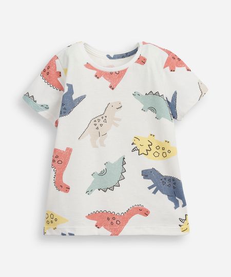 camiseta de algodão infantil manga curta dinossauro off white 2
