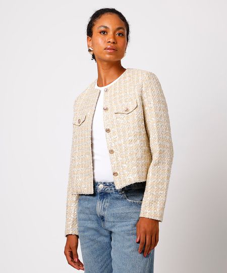 casaco feminino de tweed com paetê pied de poule mindset dourado PP