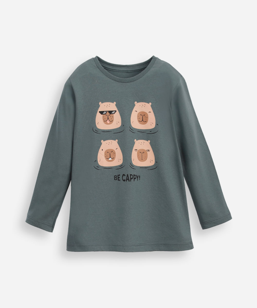 blusa de algodão infantil manga longa capivara verde