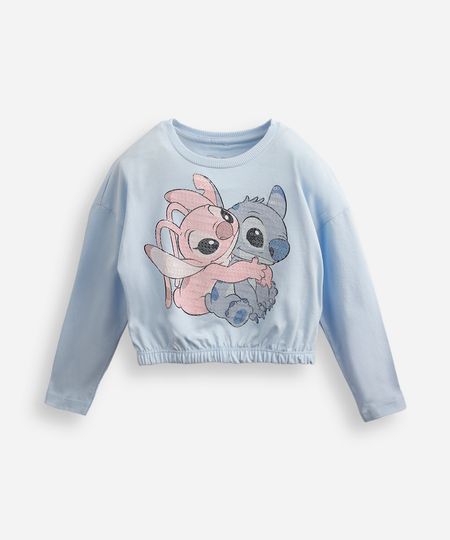 blusa de algodão infantil manga longa com paetê stitch e angel azul 4 blusa de algodão infantil manga longa com paetê stitch e angel azul 4