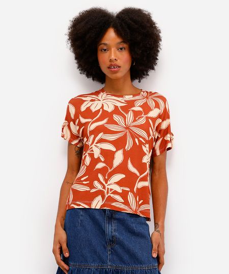 blusa feminina de viscose manga curta floral laranja M blusa feminina de viscose manga curta floral laranja M
