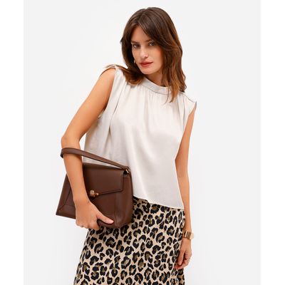 blusa feminina decote redondo franzida bege