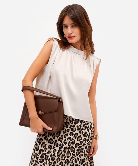 blusa feminina decote redondo franzida bege P blusa feminina decote redondo franzida bege P