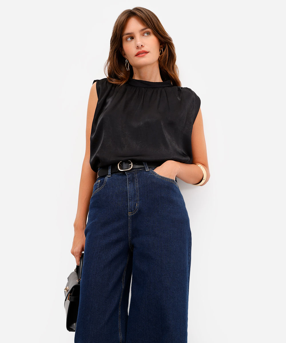 blusa feminina decote redondo franzida preta