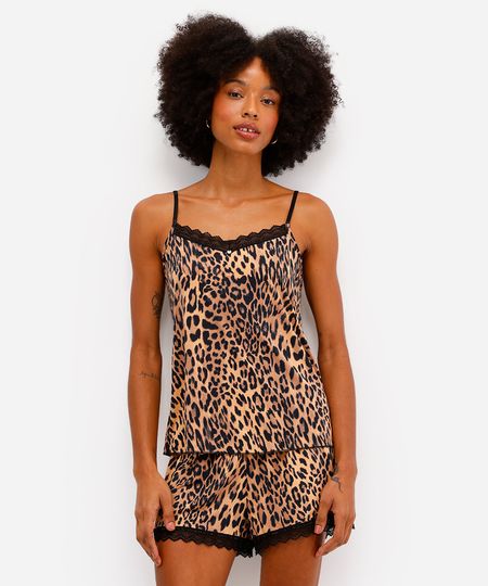 pijama short doll feminino animal print com renda marrom GG