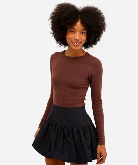 blusa feminina de algodão manga longa canelada marrom PP blusa feminina de algodão manga longa canelada marrom PP