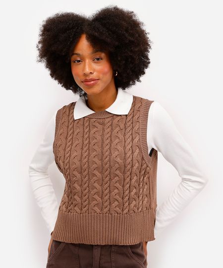 colete feminino de tricot texturizado marrom P