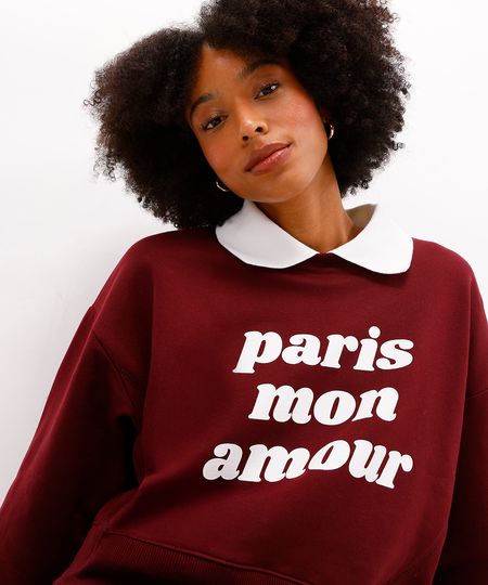 blusa feminina de moletom paris manga longa vinho P blusa feminina de moletom paris manga longa vinho P