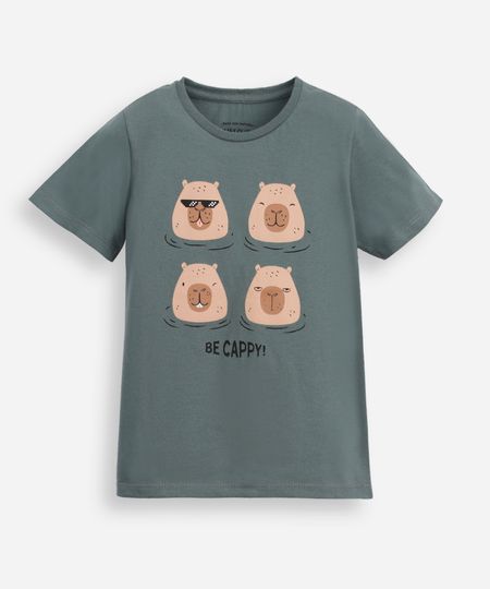 camiseta de algodão infantil manga curta capivara verde 1