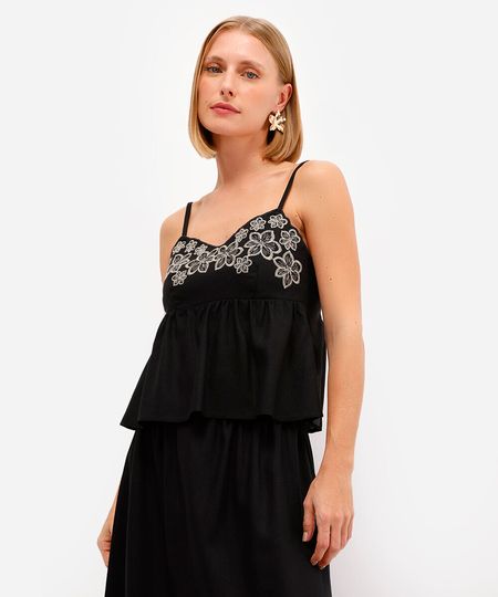 bata feminina com linho bordado floral preta PP bata feminina com linho bordado floral preta PP