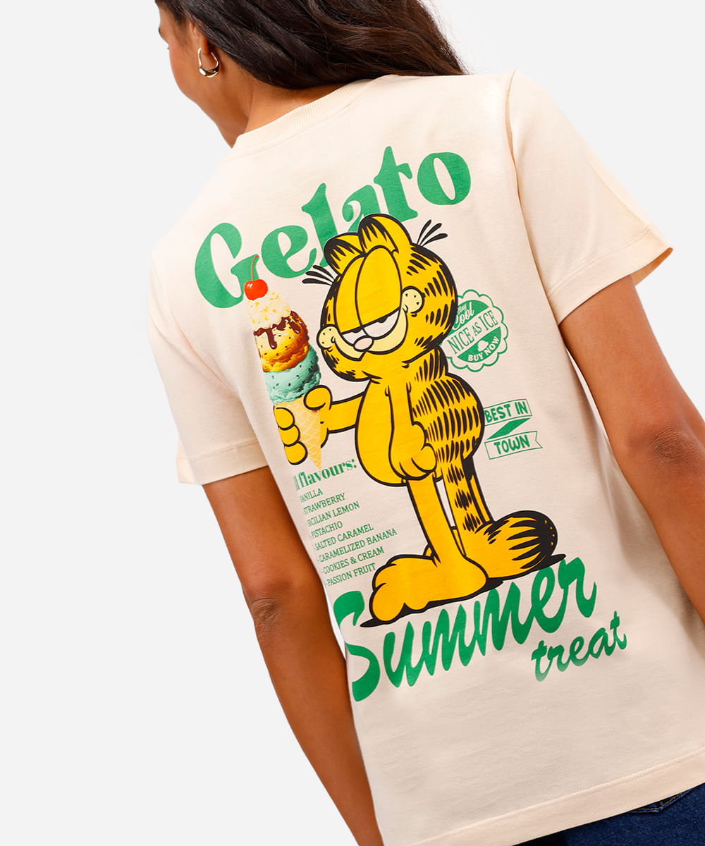 camiseta feminina de algodão garfield bege