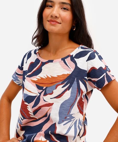 blusa feminina de algodão manga curta folhagens azul GG