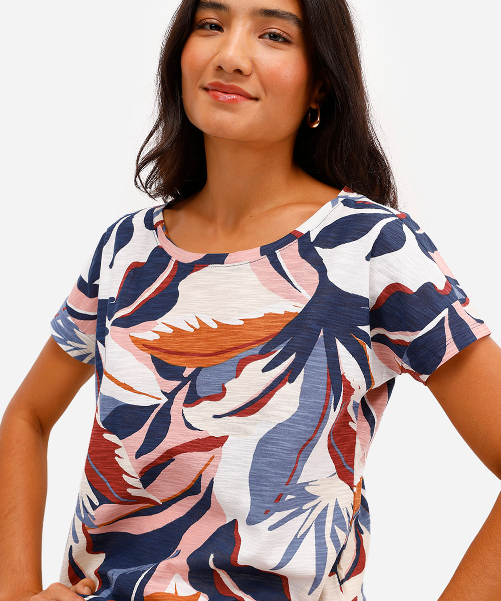 blusa feminina de algodão manga curta folhagens azul