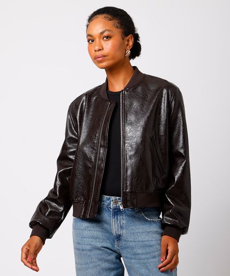 jaqueta bomber feminina de poliuretano mindset marrom GG