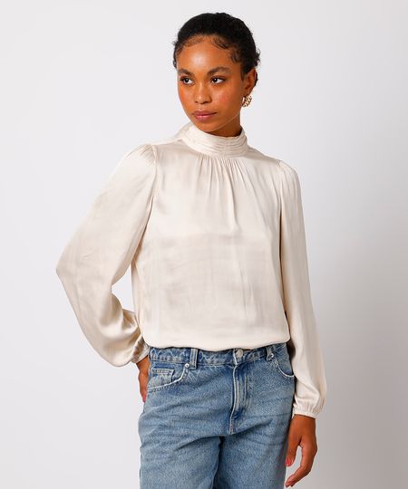 blusa feminina acetinada gola alta franzida mindset bege PP blusa feminina acetinada gola alta franzida mindset bege PP