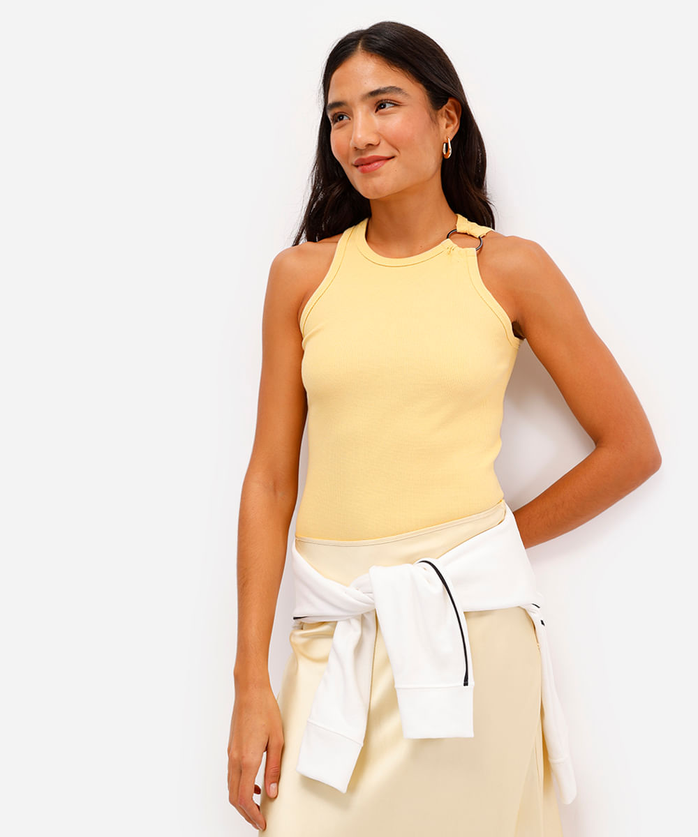 regata feminina de algodão com argola canelada amarela