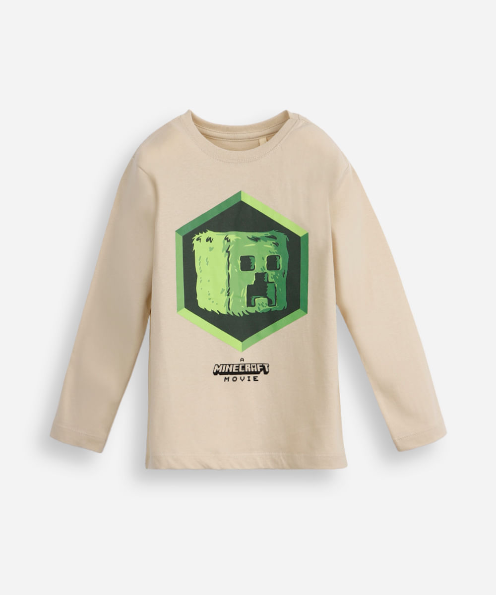 camiseta infantil de algodão minecraft manga longa bege