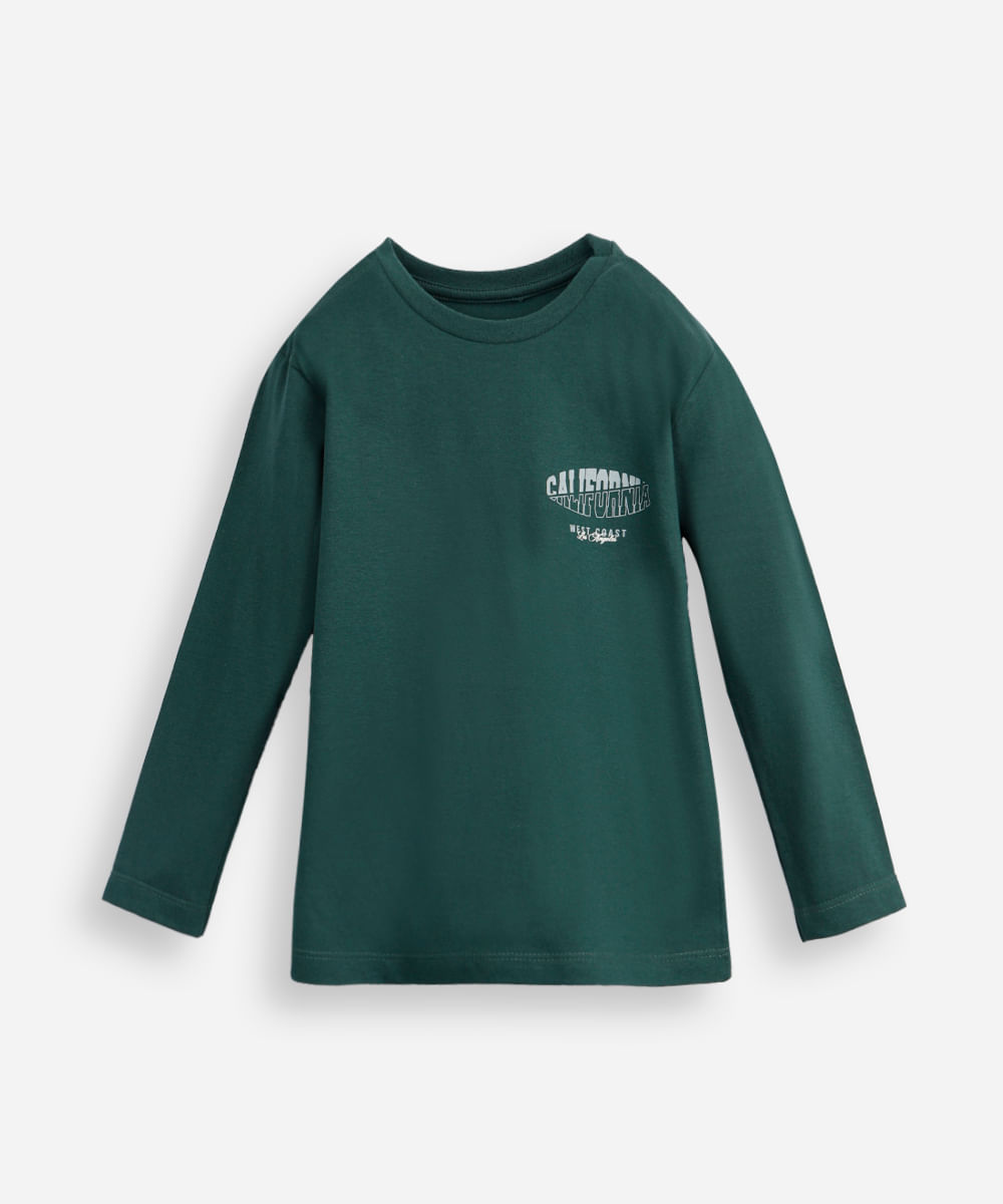 camiseta infantil de algodão california manga longa verde