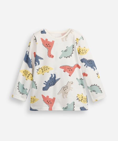 camiseta infantil de algodão dinossauros manga longa off white 1