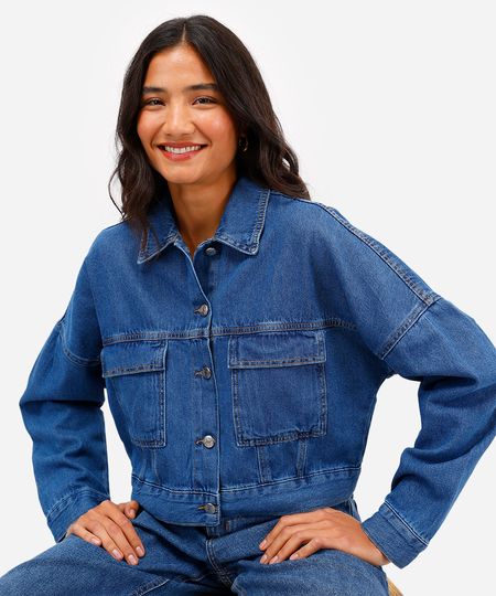 jaqueta cropped feminina jeans azul M