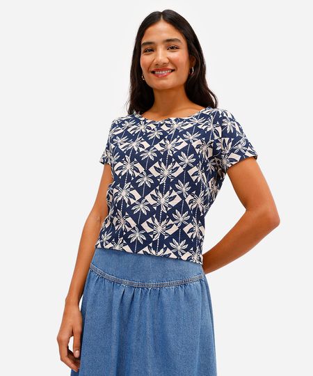 blusa feminina de algodão manga curta folhagens azul P