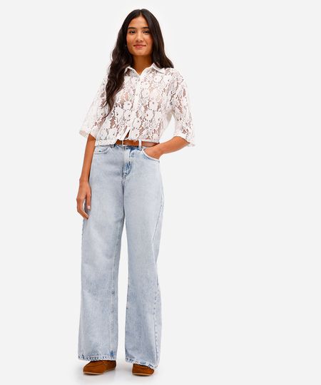 calça wide leg feminina jeans cintura alta azul 36