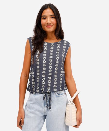 regata feminina de viscose com amarração estampada azul P