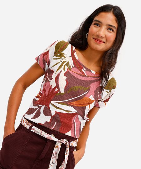 blusa feminina de algodão manga curta folhagens off white PP blusa feminina de algodão manga curta folhagens off white PP